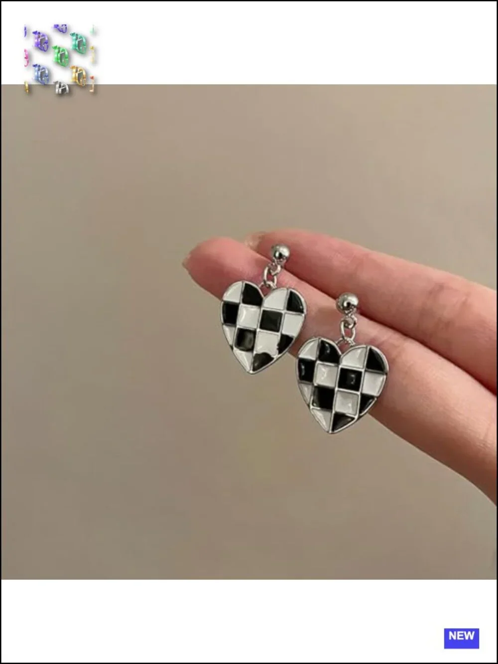 Heart Drop Dangle Earrings Geometric Checkerboard Pattern Statement Lightweight